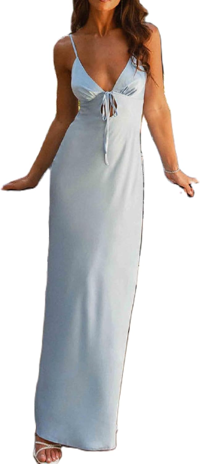 Luckinbaby Women Y2k Spaghetti Strap Maxi Dress V Neck Tie Front Cutout Long Cami Dress Backless Party Wedding Dress
