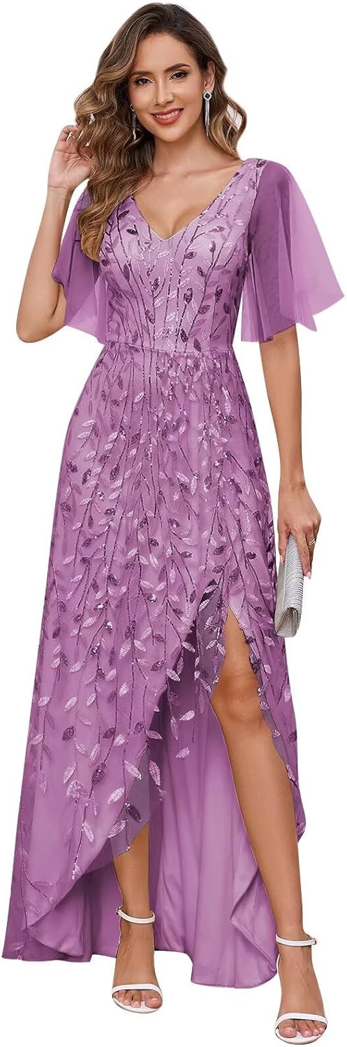 Women's Short Sleeve Mother of The Bride Dresses for Wedding Sparkly Sequin Long Formal Evening Dresses