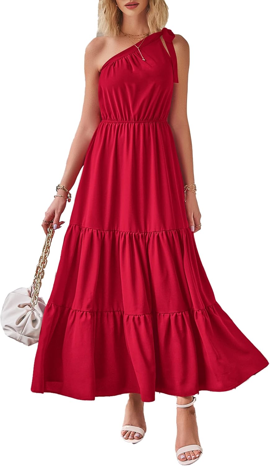 PRETTYGARDEN Women's Summer Floral Maxi Dress Knot One Shoulder Sleeveless Ruffle Flowy Boho Beach Wedding Guest Dresses