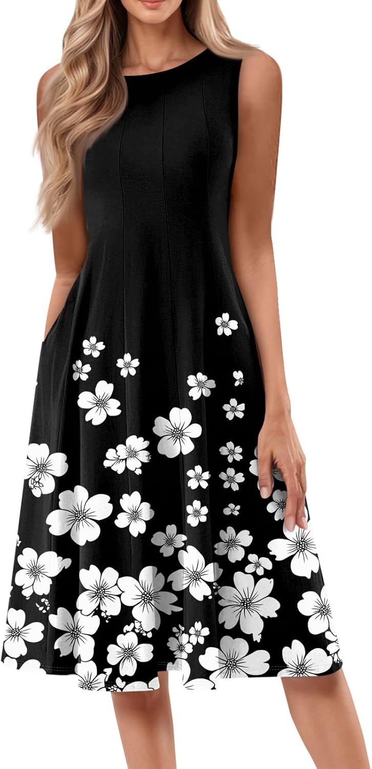 Womens Tank Sundress 2025 Casual Floral Print Tshirt Dress Swing Sleeveless Midi Dress Crewneck Pleated Summer Dresses