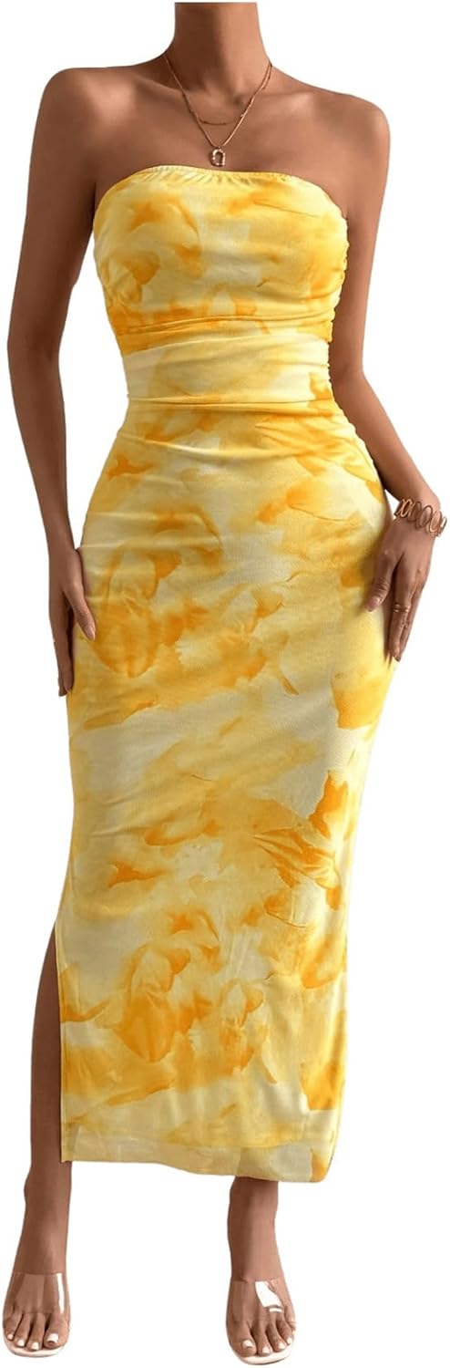Milumia Women's Printed Strapless Tube Top Long Dress Slit Hem Sleeveless Bodycon Maxi Dresses