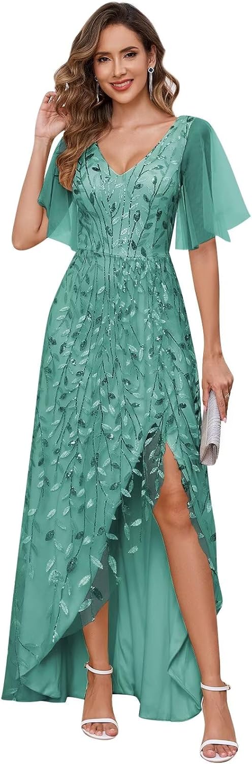Women's Short Sleeve Mother of The Bride Dresses for Wedding Sparkly Sequin Long Formal Evening Dresses