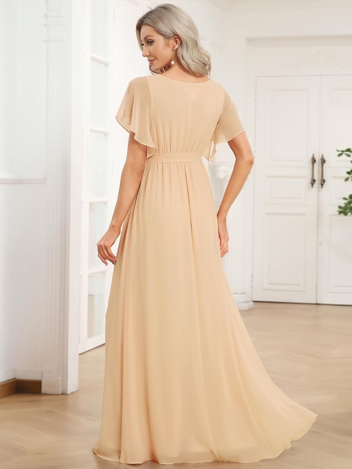 Ever-Pretty Women's Bridesmaid Dress V-Neck Ruffle Sleeves Ruched Bust Floor Length Chiffon Formal Dresses 0164A