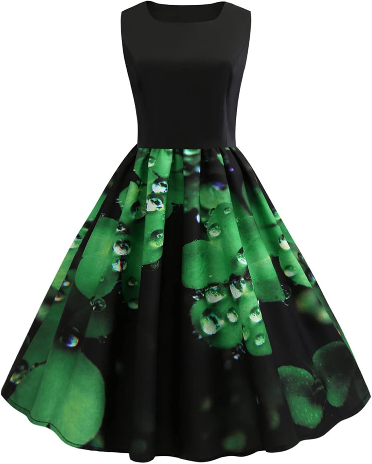 aihihe St Patricks Day Dress for Women A Line Pleated Hepburn Dress Lukcy Shamrock Print Irish Dress 2024 Vintage Dress