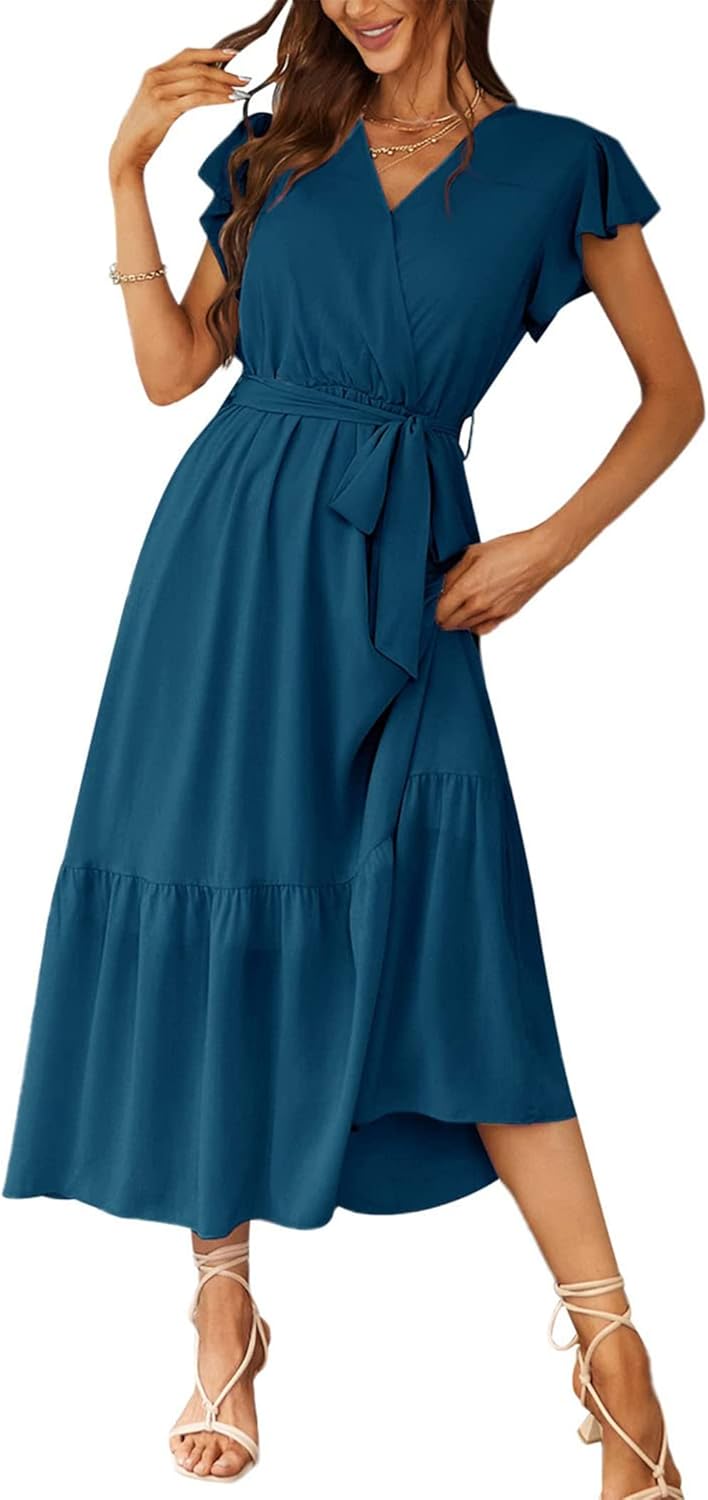PRETTYGARDEN Women's Summer Floral Boho Dress Wrap V Neck Short Sleeve Ruffle A-Line Flowy Maxi Wedding Guest Dresses