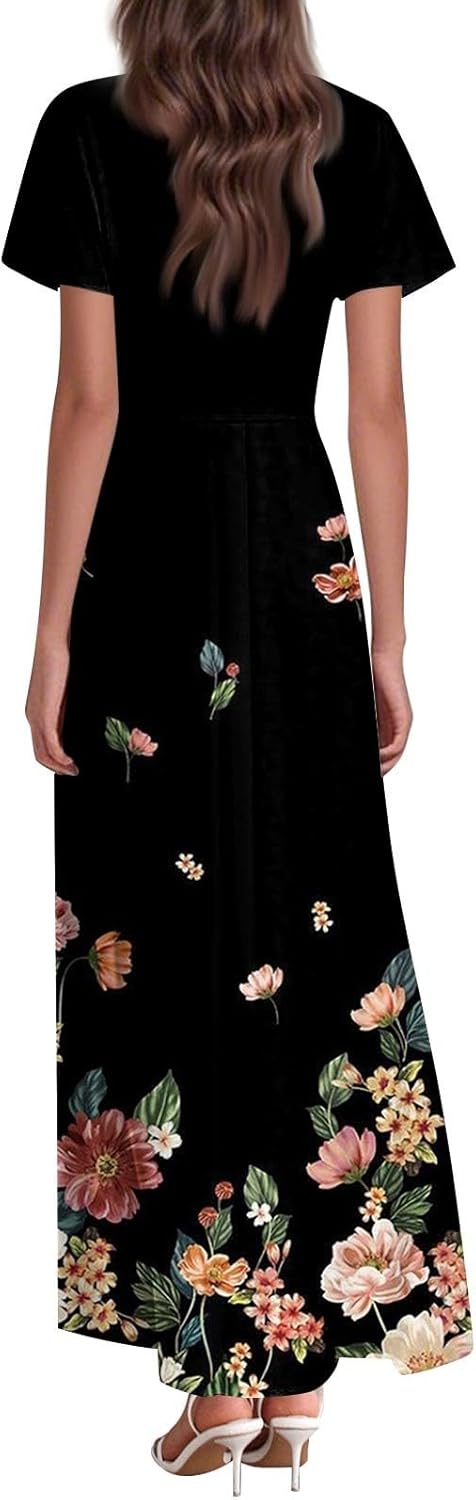 Womens Fashion V Neck Ruffle Short Sleeve Maxi Dress 2025 Summer Elegant Solid Color Flowy A Line Dresses
