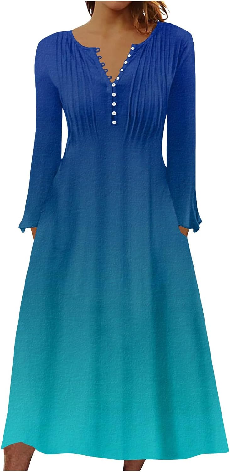 DOPOCQ Fall Women Dresses 2023 Long Sleeve V Neck Plus Size Maxi Dress Boho Dress High Waisted A-Line Dress with Pocket
