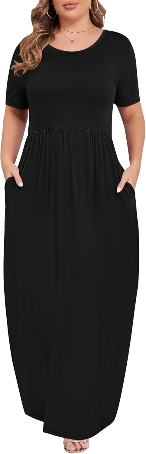 KARALIN Women’s Plus Size Maxi Dresses for Curvy Women Summer Casual Short Sleeve 2025 Long Dress 14W-26W