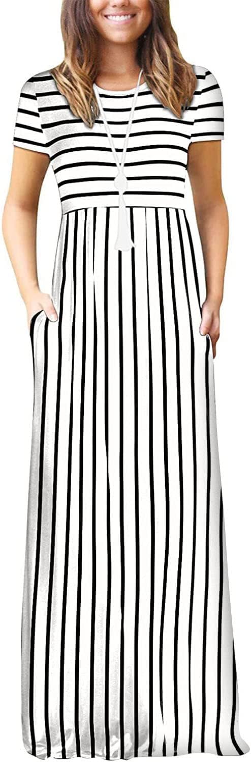 DEARCASE Maxi Dress for Women Short Sleeve Casual Summer Loose Plain Comfy Long Dresses with Pockets