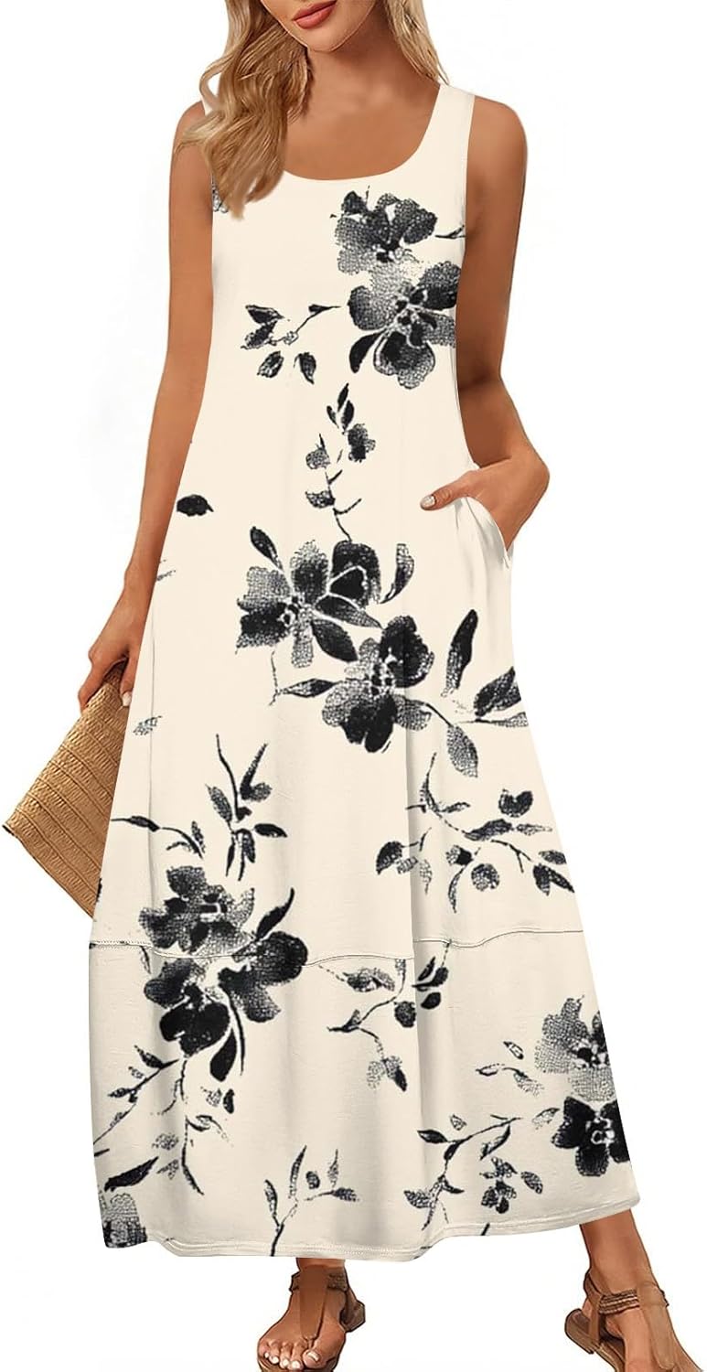 Womens Summer Tank Dress Vacation Boho Floral Long Dresses with Pockets Resort Wear Swing Beach Sleeveless Sundress