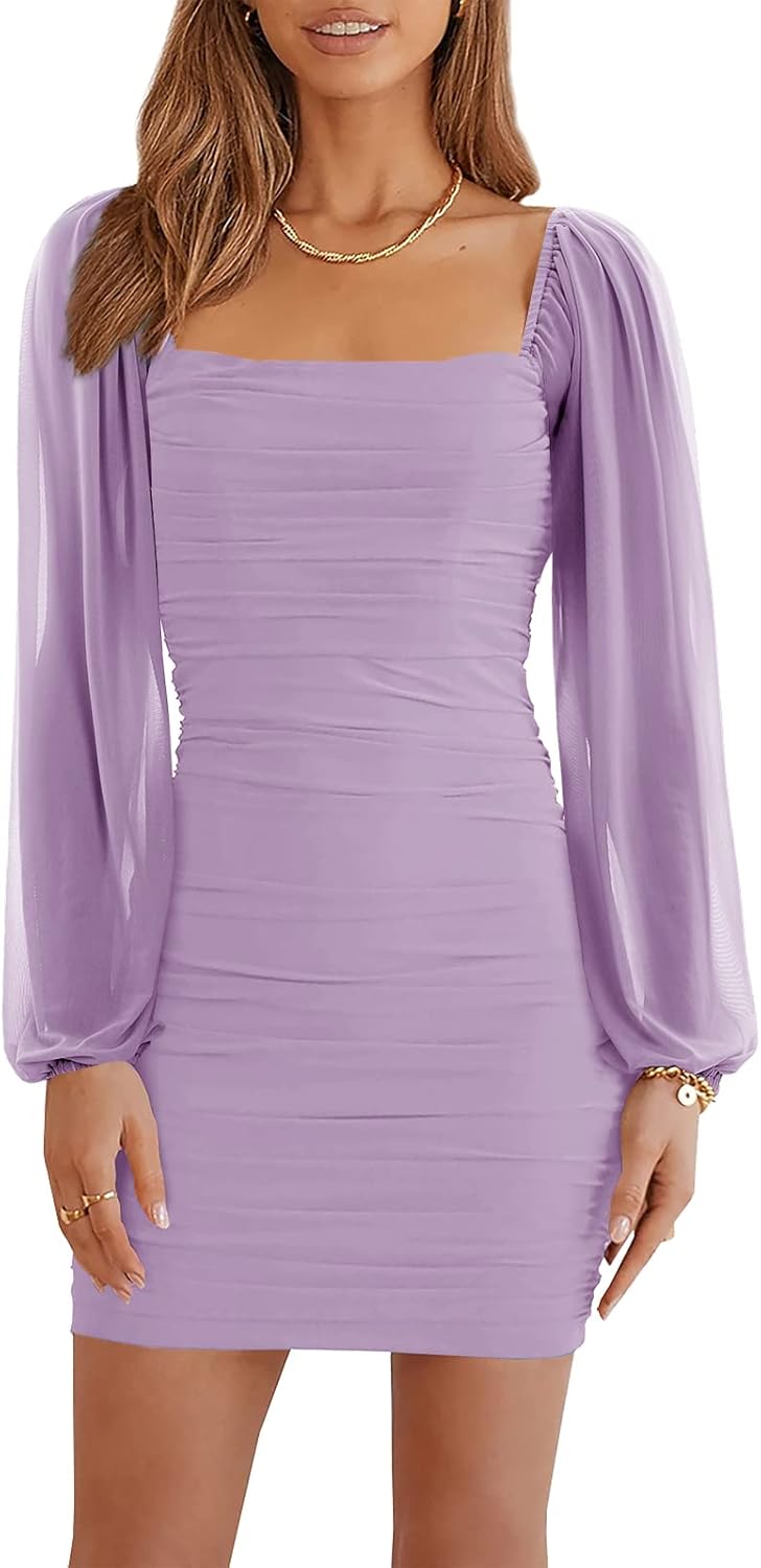 Wenrine Women's Mesh Long Sleeve Square Neck Ruched Party Club Cocktail Bodycon Mini Dress