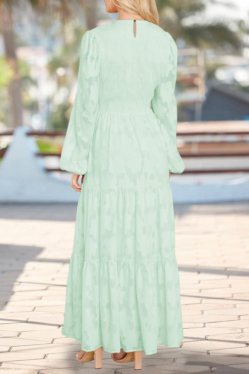 MITILLY Women's Elegant Floral Long Sleeve Round Neck Smocked A-Line Flowy Tiered Maxi Dress with Pockets