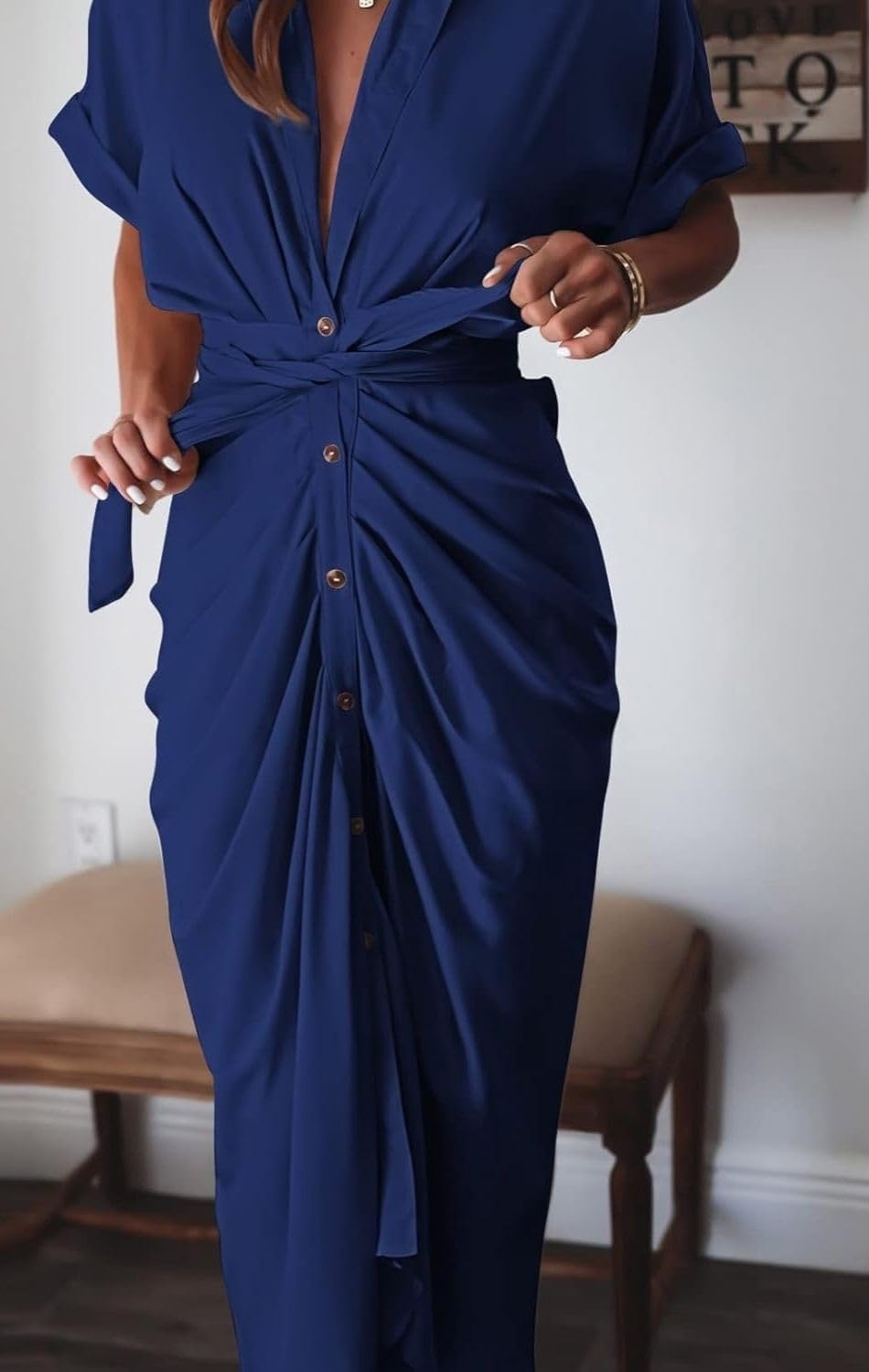 Women's Swing Classic Cute Maxi Ruched Breathable Shirt Dresses Bownot Slim Fitted Dress