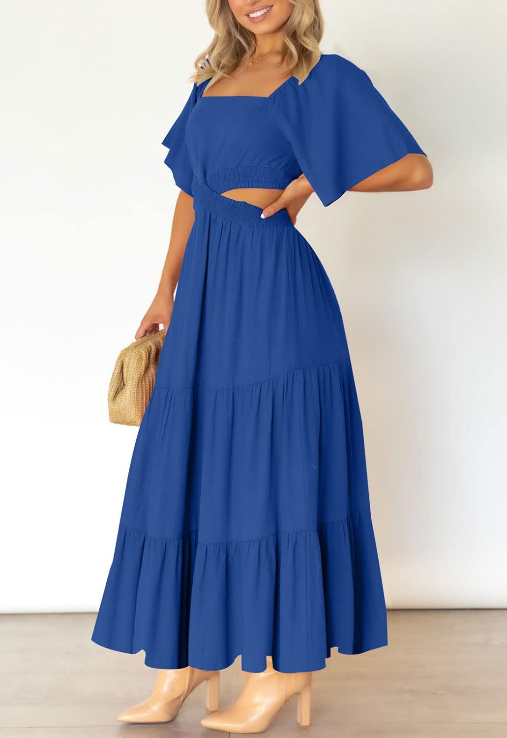 LEANI Women's 2025 Summer Cutout Maxi Dress Square Neck Short Sleeve Crossover Waist Casual Party Dresses