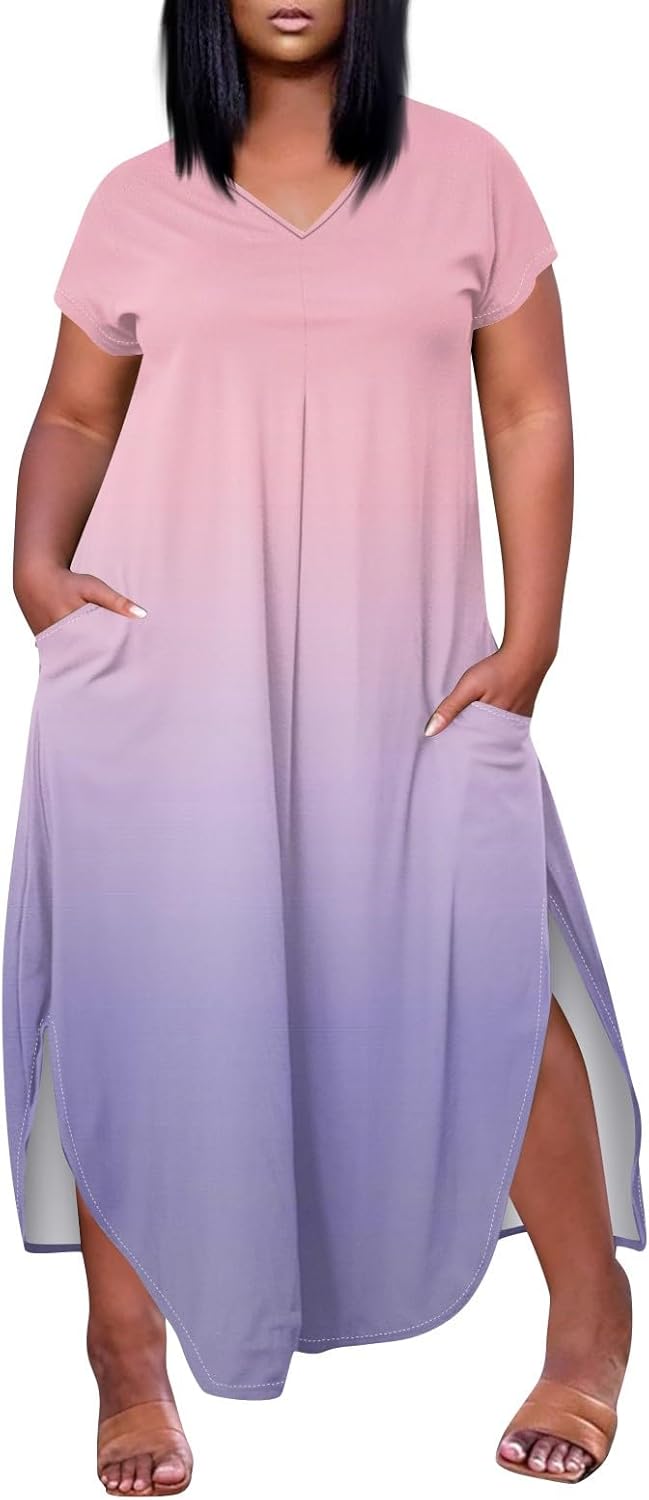 Maxi Dresses for Women 2025 Plus Size Tie Dye V Neck Dress Short Sleeve Side Split Beach Summer Sundress with Pocket
