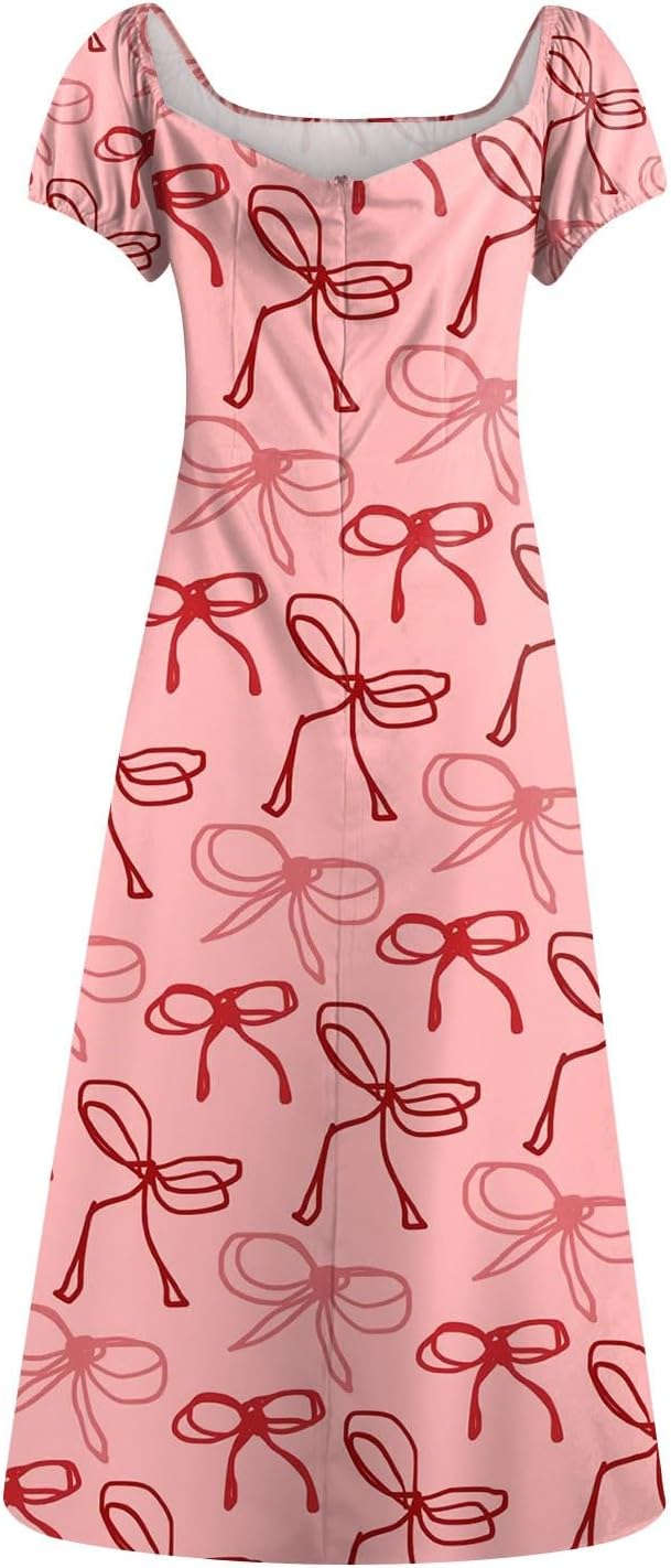 Women's Sundresses 2025 Summer Casual Loose Trendy Bubble Sleeve Square Neck Split Bow Floral Print Dress Plus Size, XS-3XL