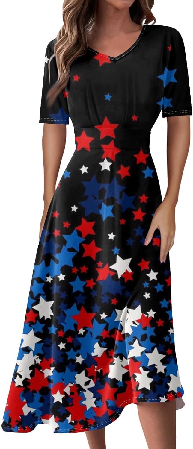 Women's Patriotic Star Print Midi Short Sleeve V-Neck Casual A-Line Dress for Summer Parties & Events