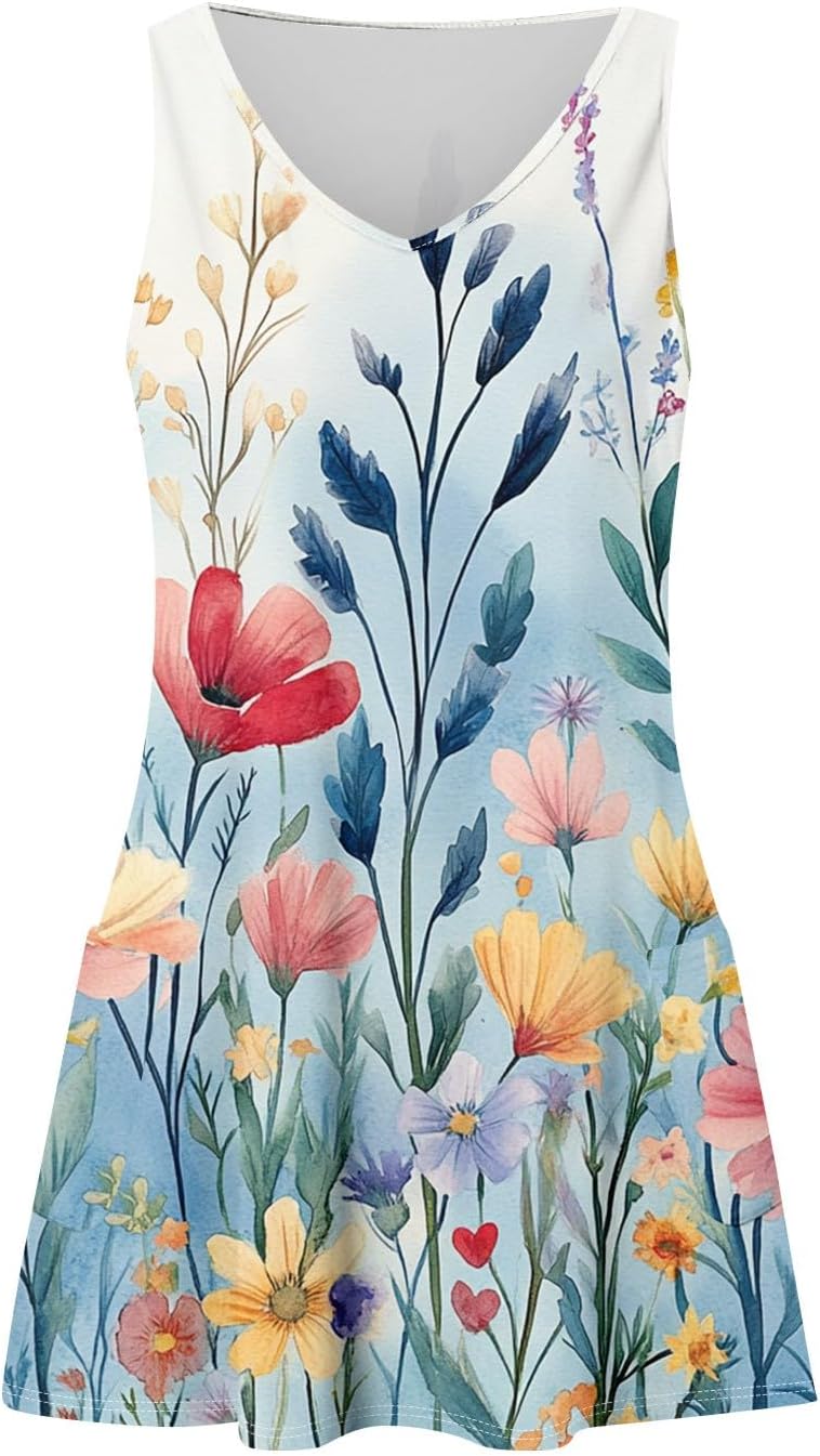 Women's Sleeveless Floral Print Summer Dress Casual V-Neck A-Line Mini Dress for Beach Party and Daily Wear