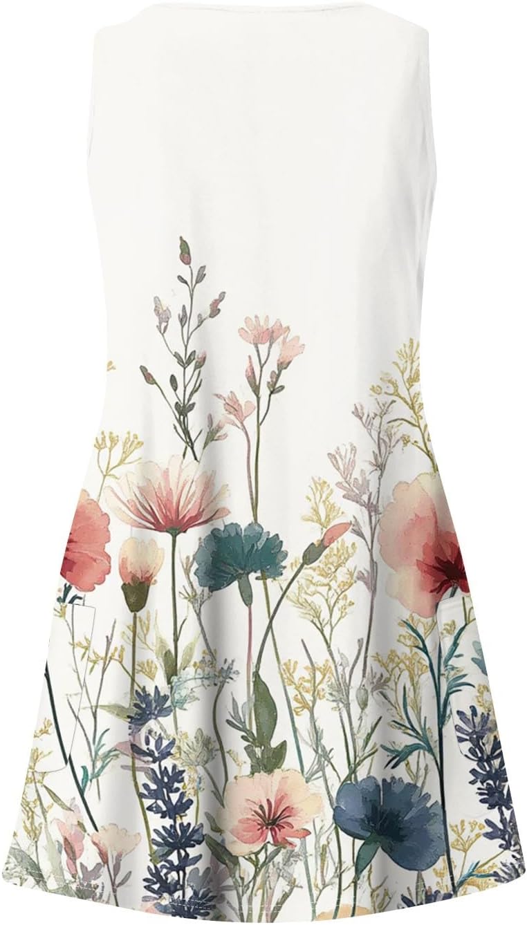 Women's Sleeveless Floral Print Summer Dress Casual V-Neck A-Line Mini Dress for Beach Party and Daily Wear