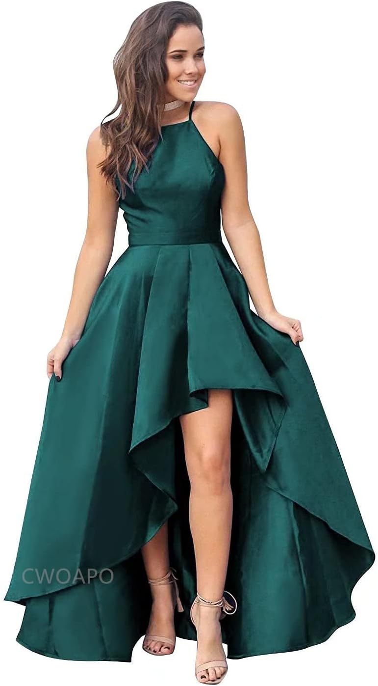CWOAPO Halter High Low Bridesmaid Dress Evening Dress Satin Homecoming Dresses A Line Cocktail Gowns with Pockets