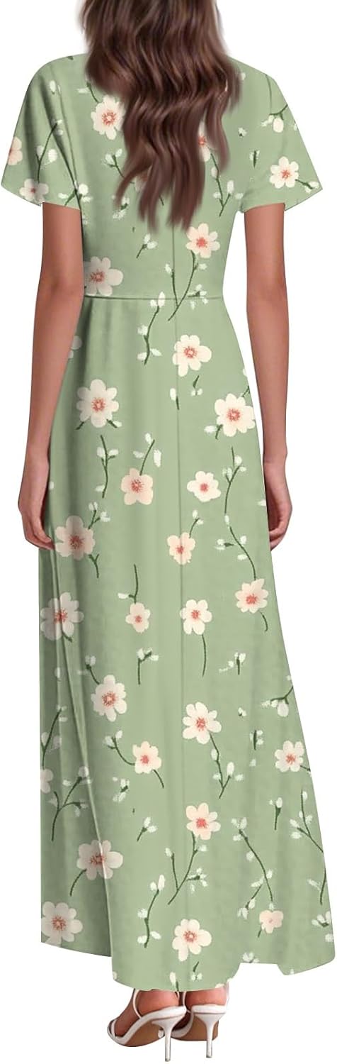 Womens Fashion V Neck Ruffle Short Sleeve Maxi Dress 2025 Summer Elegant Solid Color Flowy A Line Dresses