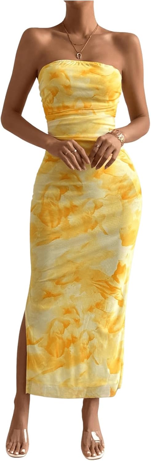 Milumia Women's Printed Strapless Tube Top Long Dress Slit Hem Sleeveless Bodycon Maxi Dresses