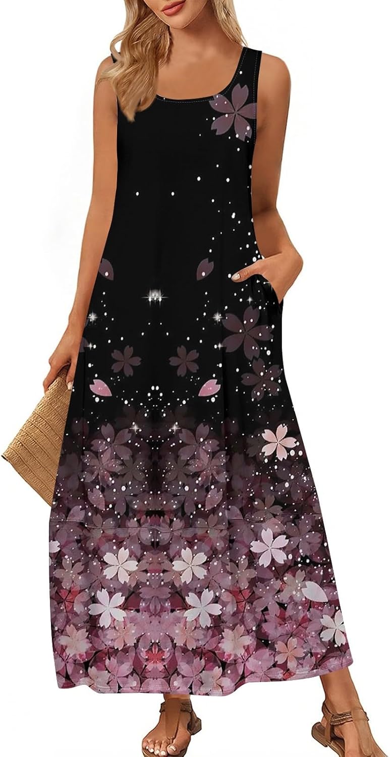 Womens Summer Tank Dress Vacation Boho Floral Long Dresses with Pockets Resort Wear Swing Beach Sleeveless Sundress