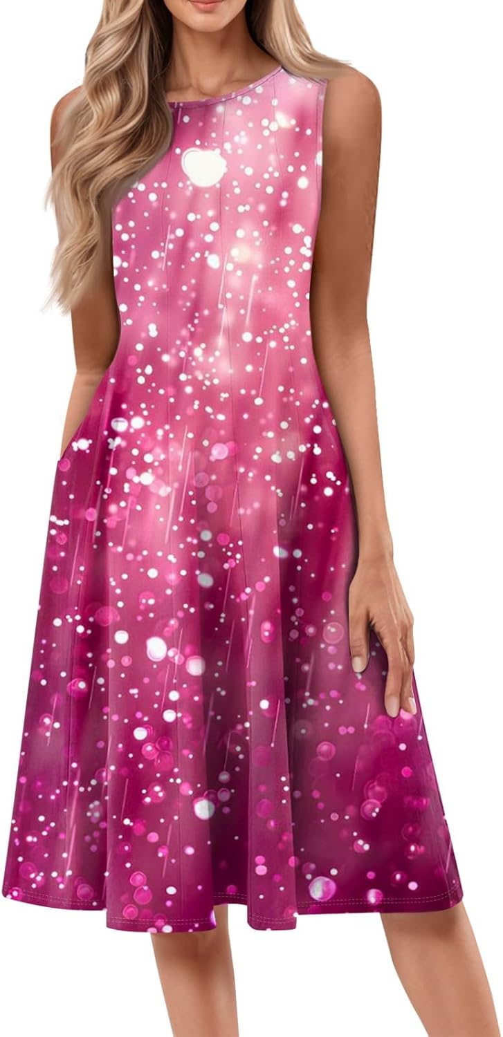 Womens Tank Sundress 2025 Casual Floral Print Tshirt Dress Swing Sleeveless Midi Dress Crewneck Pleated Summer Dresses