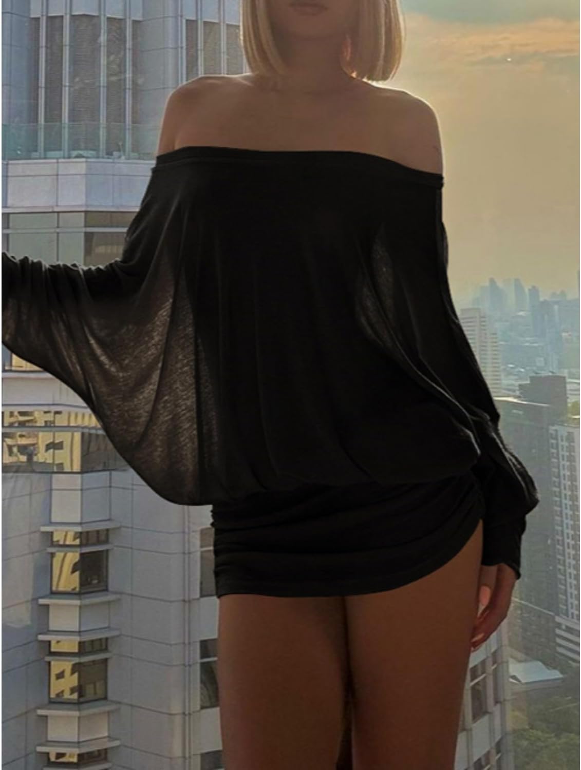 Loose Fit Sheer Dress Batwing Off The Shoulder Long Sleeve Mini Ruched Oversized Casual Streetwear Sexy Dress