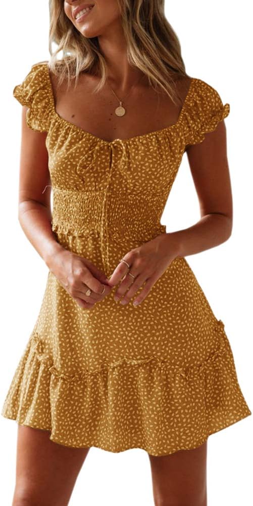 YOBECHO Women's Summer Ruffle Sleeve Sweetheart Neckline Printing Dress Mini Dress