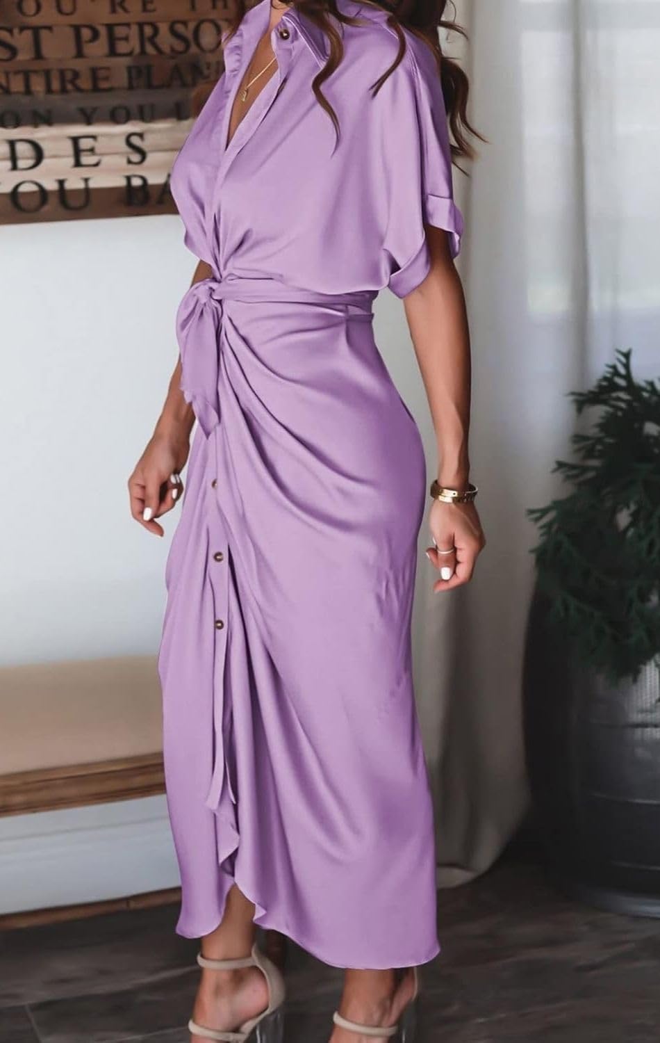 Women's Swing Classic Cute Maxi Ruched Breathable Shirt Dresses Bownot Slim Fitted Dress