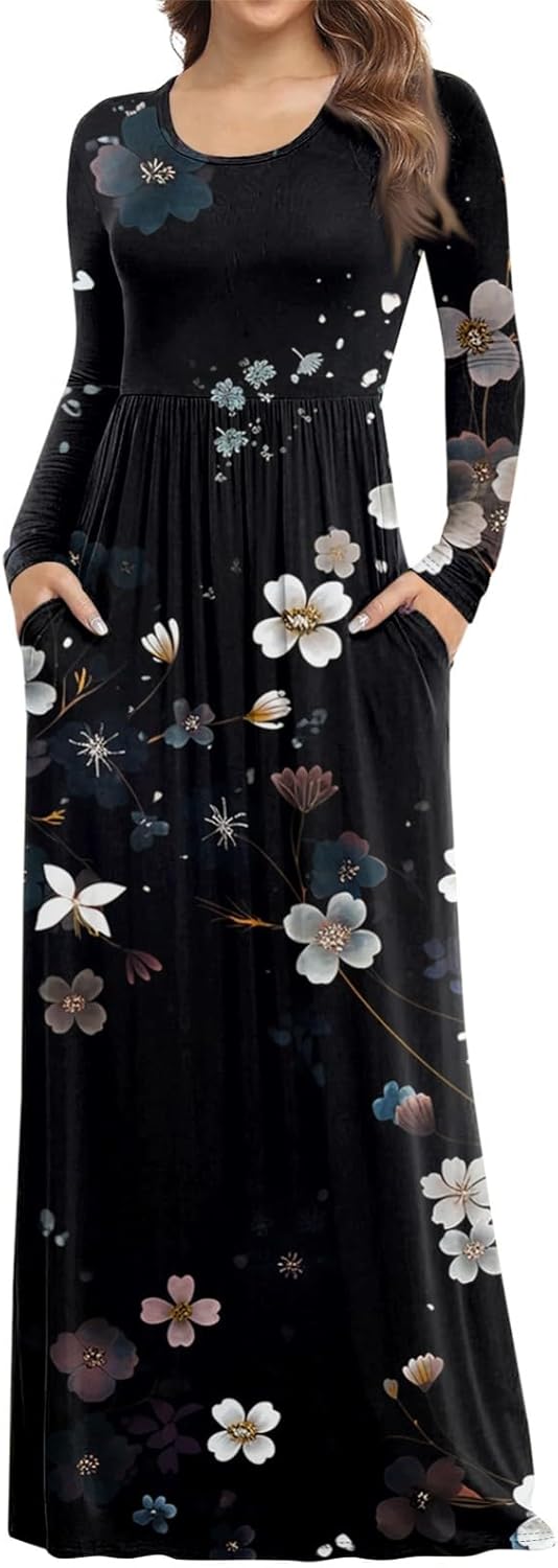 Long Sleeve Maxi Dress for Women Elegant Crew Neck Flowy Swing Dresses Solid Color Wedding Guest Dresses