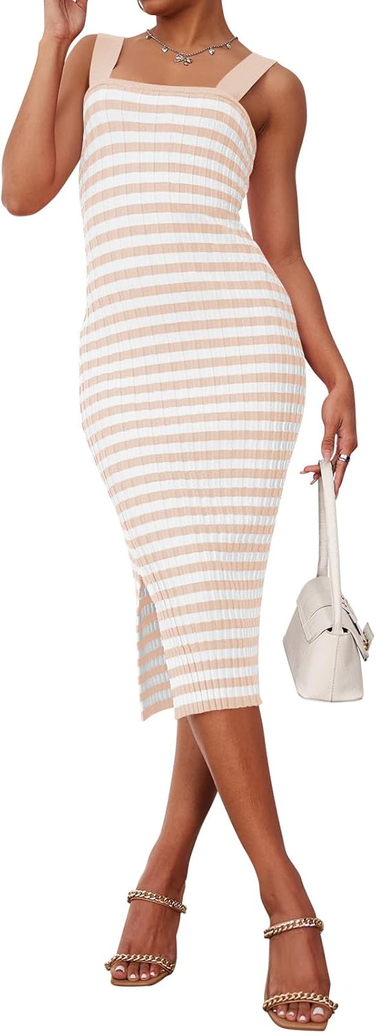 MEROKEETY Women's 2025 Summer Spring Bodycon Midi Dress Vacation Sleeveless Ribbed Knit Striped Party Sweater Dresses