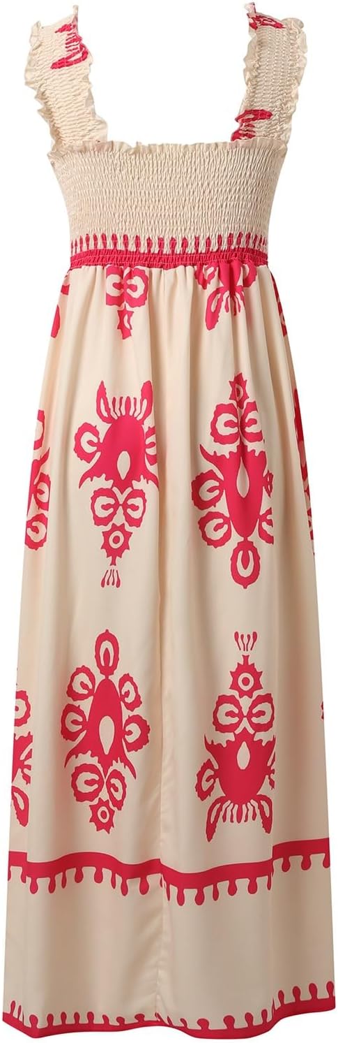Women's Summer Dresses Sleeveless Casual Boho Maxi Long Dress Square Neck Smocked Floral Beach Vacation Sundresses 3