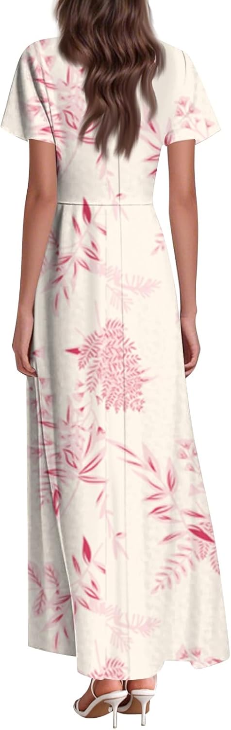 Womens Fashion V Neck Ruffle Short Sleeve Maxi Dress 2025 Summer Elegant Solid Color Flowy A Line Dresses
