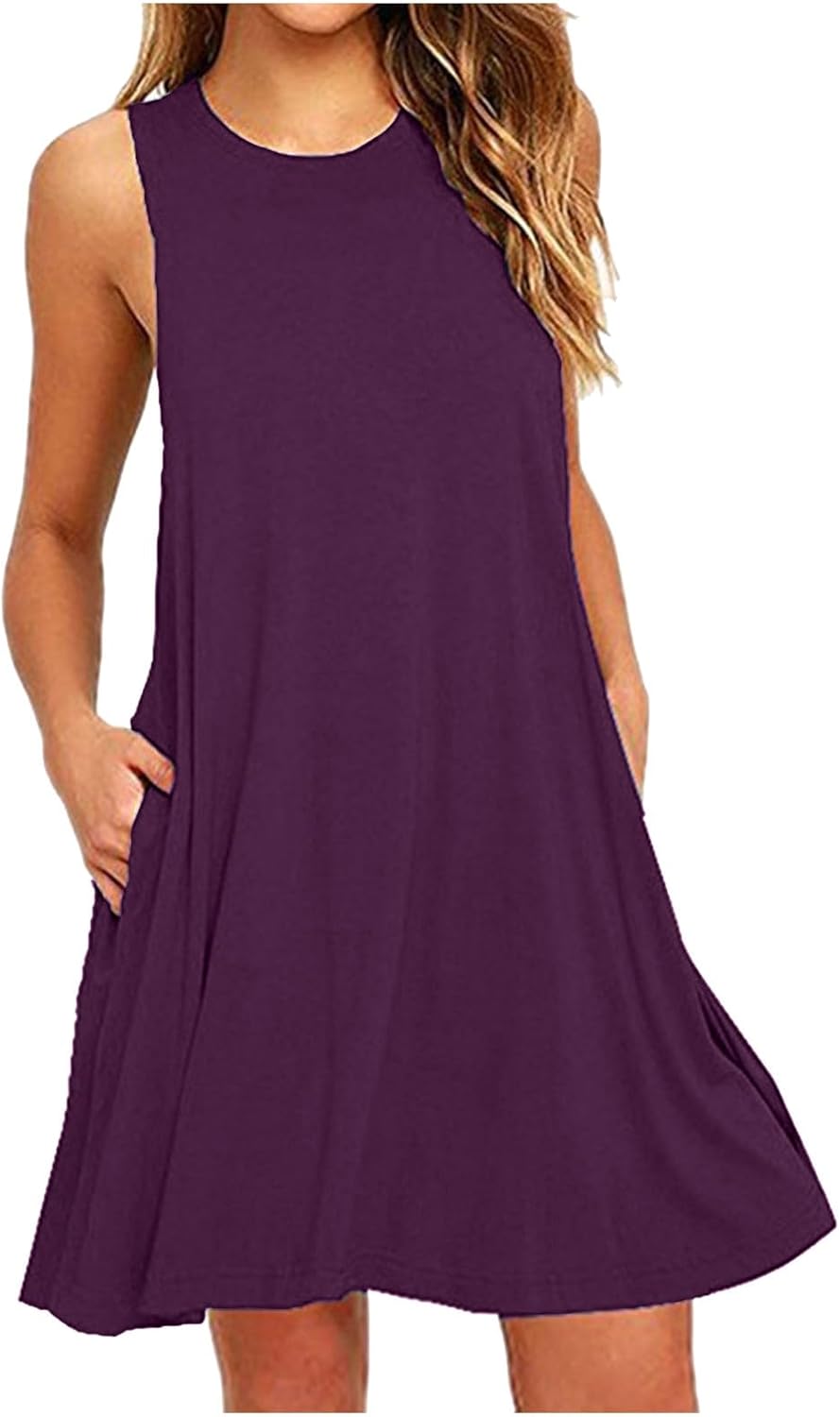 Womens 2025 Boho Beach Dresses Flowy Sleeveless Midi Wedding Dress Cute Crew Neck Summer Tank Sundress with Pockets