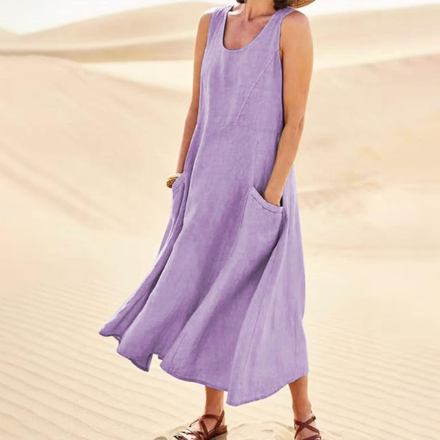 Women's Casual Sleeveless Dresses, Cotton Linen Pocket Dresses Summer Dresses for Women 2024 Sundresses Beach Dress