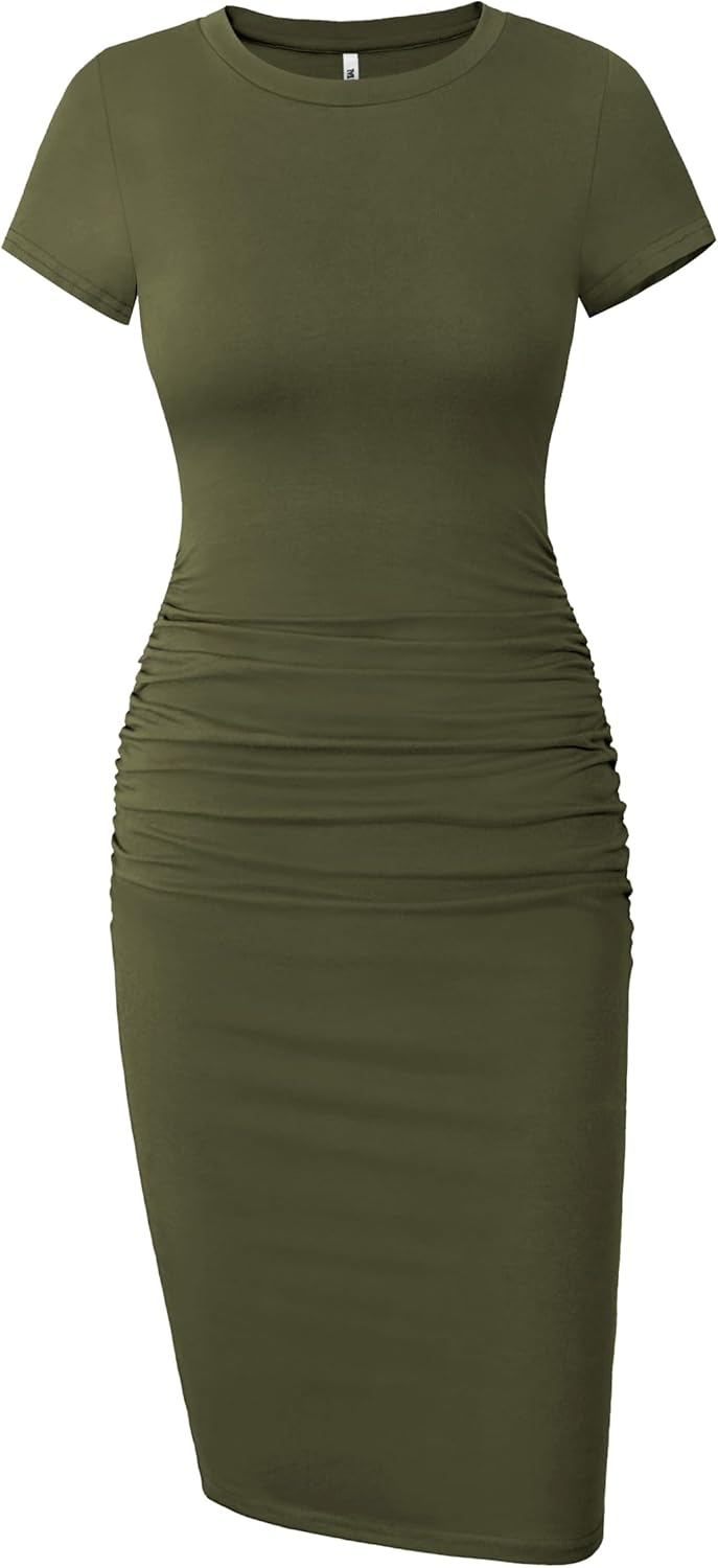 Missufe Women's Short Sleeve Ruched Casual Sundress Midi Bodycon T Shirt Dress