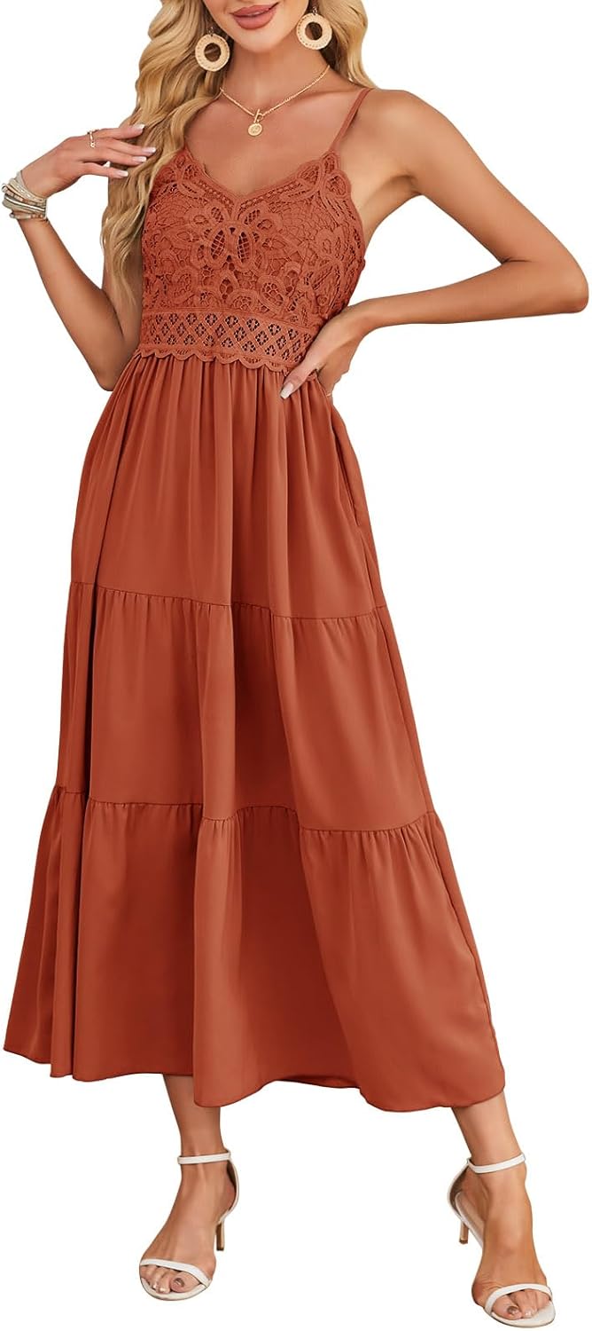 Dokuritu Women's Beach Crochet Lace Maxi Dress Solid Color Summer Vacation Spaghetti Strap Long Dress 2024