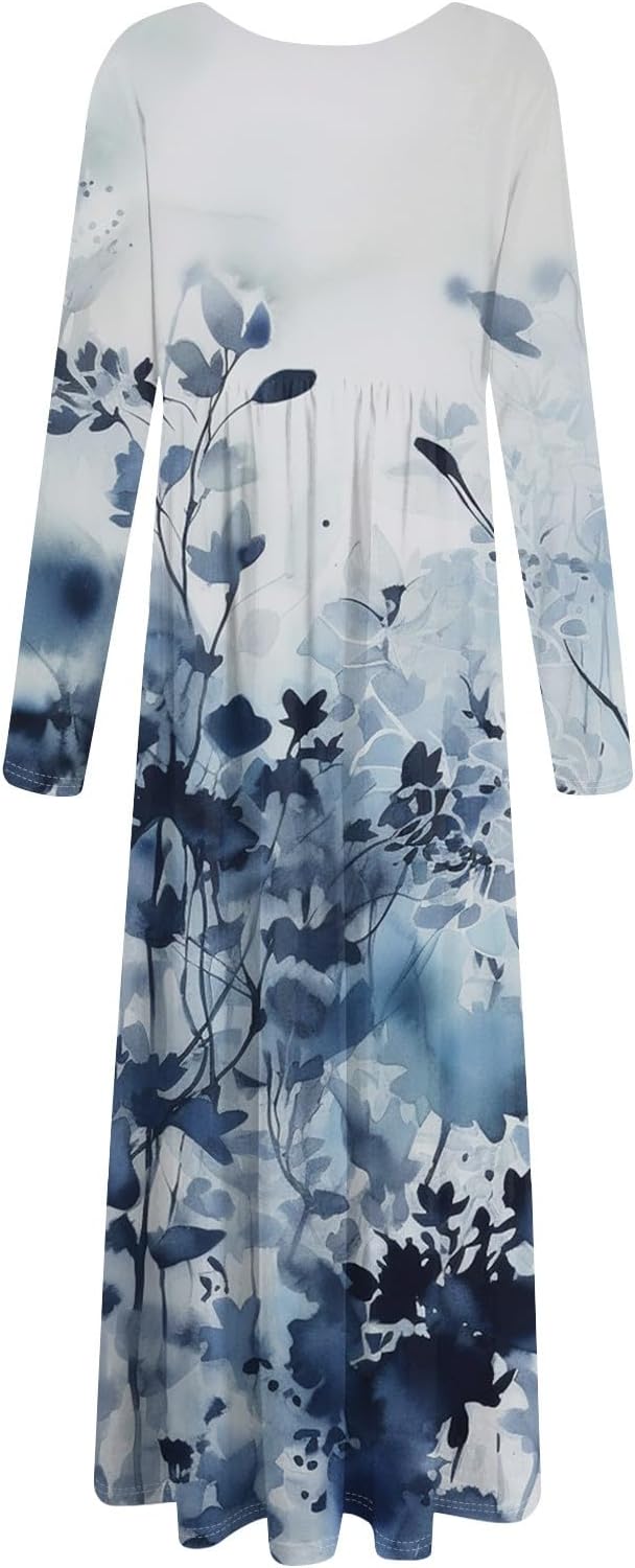 Long Sleeve Maxi Dress for Women Elegant Crew Neck Flowy Swing Dresses Solid Color Wedding Guest Dresses
