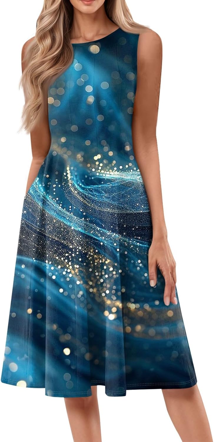 Womens Tank Sundress 2025 Casual Floral Print Tshirt Dress Swing Sleeveless Midi Dress Crewneck Pleated Summer Dresses
