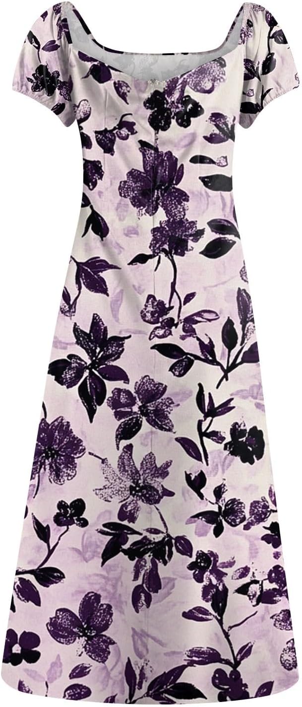 Women's Sundresses 2025 Summer Casual Loose Trendy Bubble Sleeve Square Neck Split Bow Floral Print Dress Plus Size, XS-3XL