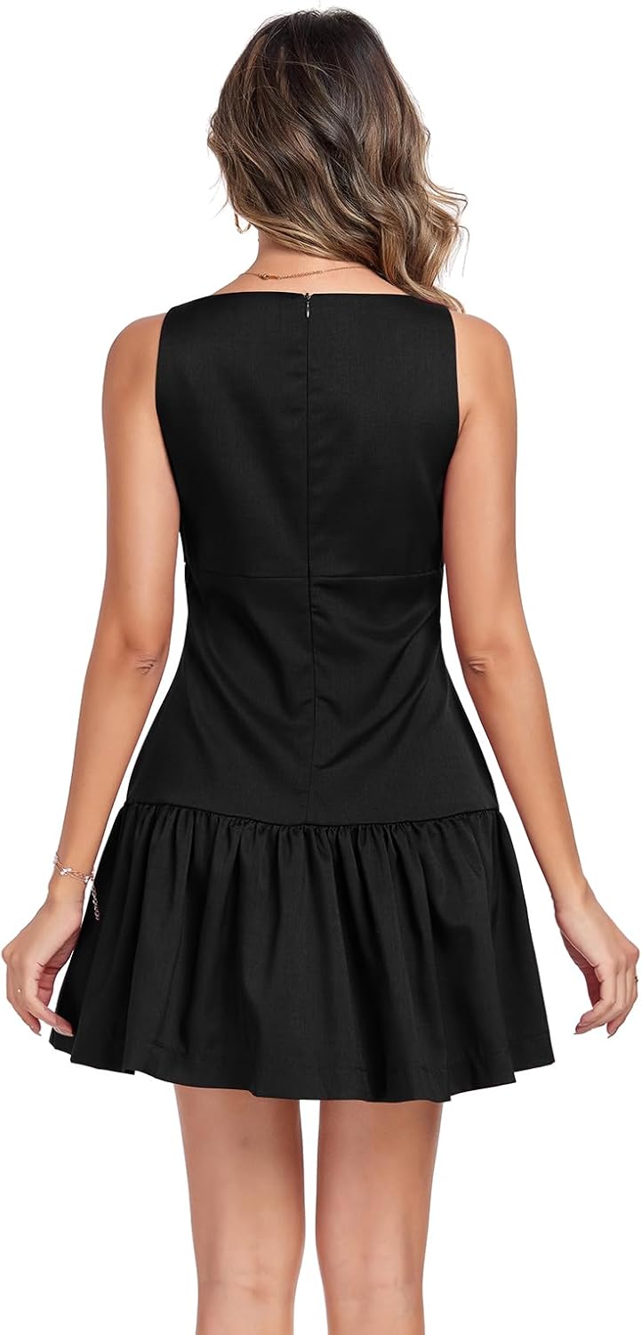 Summer Dress for Women, Sleeveless Round Neck Mini Dress, Casual Pleated Bow Zipper Tank Dress