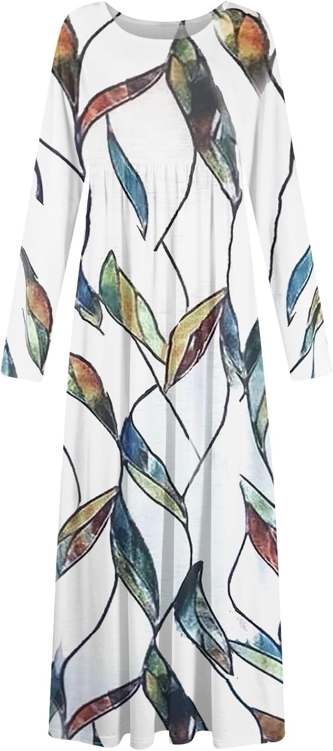 Long Sleeve Maxi Dress for Women Elegant Crew Neck Flowy Swing Dresses Solid Color Wedding Guest Dresses