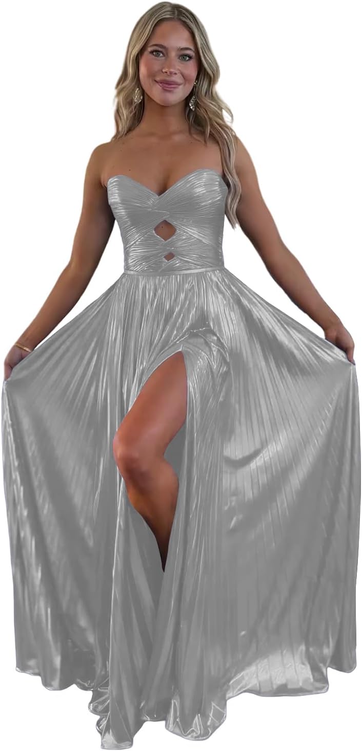 Loyeloy Sparkly Metallic Prom Dresses with Slit A Line Keyhole Satin Long Prom Ball Gowns for Women