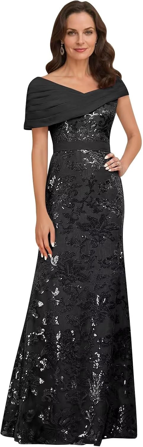 Lace Sequin Mother of The Bride Dresses for Women Long Mermaid Off The Shoulder Formal Evening Dress with Sleeves