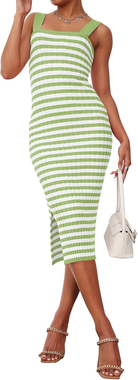 MEROKEETY Women's 2025 Summer Spring Bodycon Midi Dress Vacation Sleeveless Ribbed Knit Striped Party Sweater Dresses