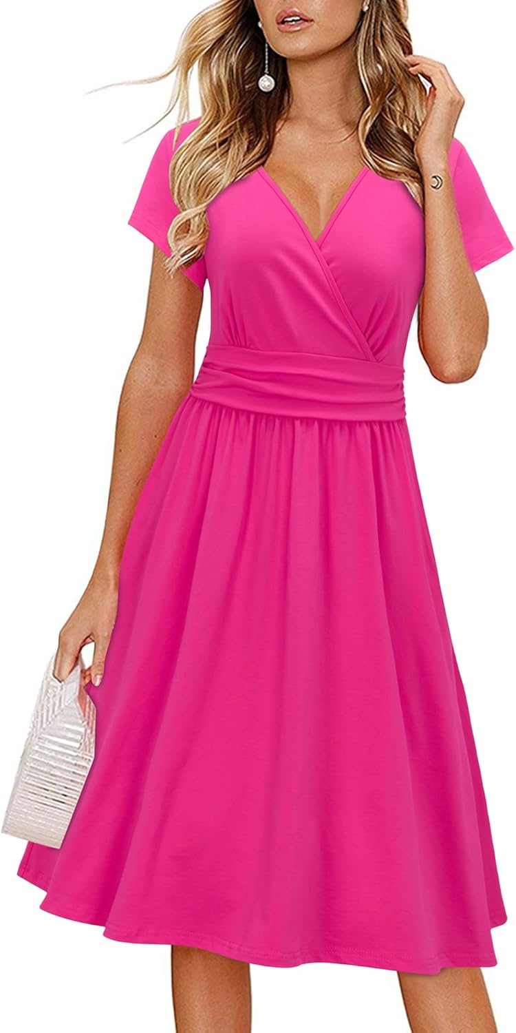 OUGES Women's Summer Short Sleeve V-Neck Floral Short Party Dress with Pockets