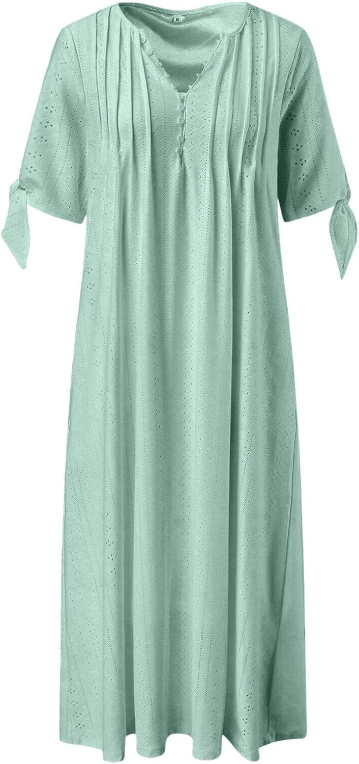 ZYXTIM Womens Eyelet Dress V Neck Short Sleeve Hollow Out Summer Beach Vacation Dresses Swing A Line Vintage Long Dresses