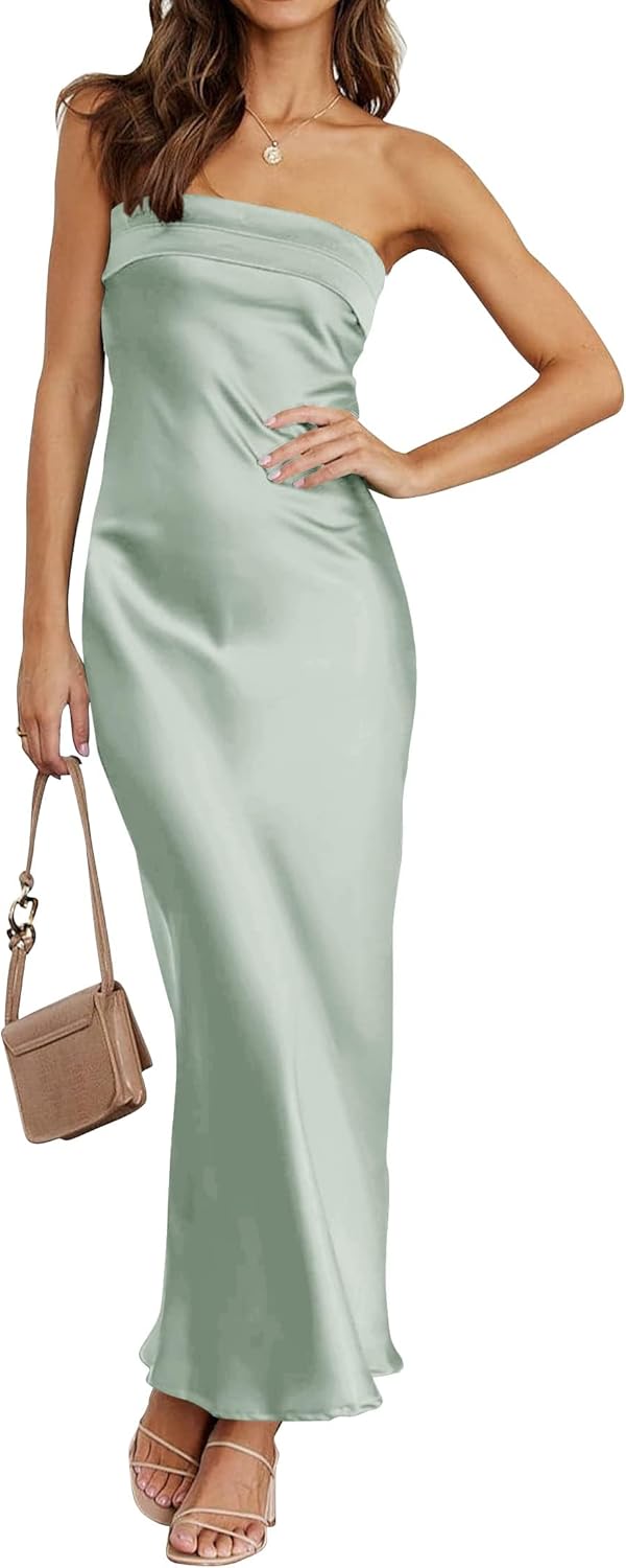 MEROKEETY Women 2025 Summer Strapless Satin Tube Bodycon Backless Wedding Guest Maxi Dress